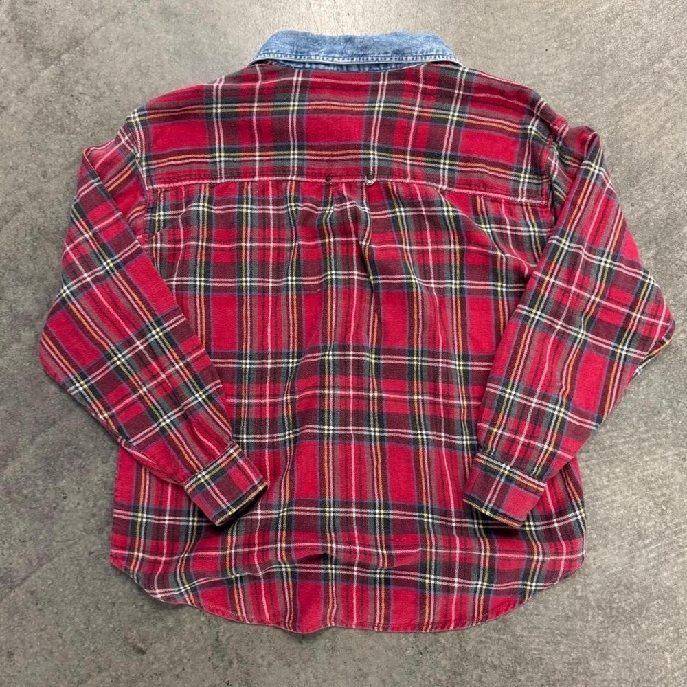 Vintage Woman's Plaid Flannel Button Up Collared Shirt Red Cotton Denim Accent S - Picture 2 of 8